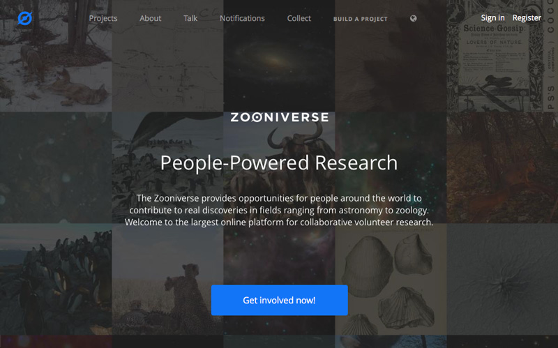 Screenshot of the Zooniverse home page